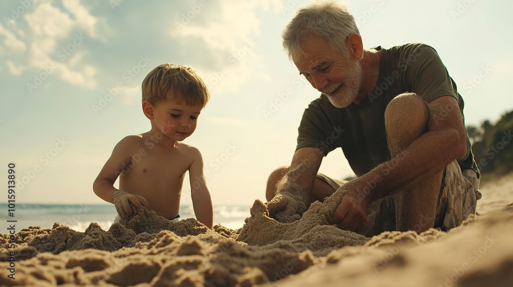 Poster Caucasian grandfather and grandson build sand on the beach 