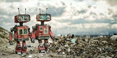 Fototapeta premium Two robots holding hands in a dirty, trash-strewn environment. Concept of friendship and love in difficult conditions