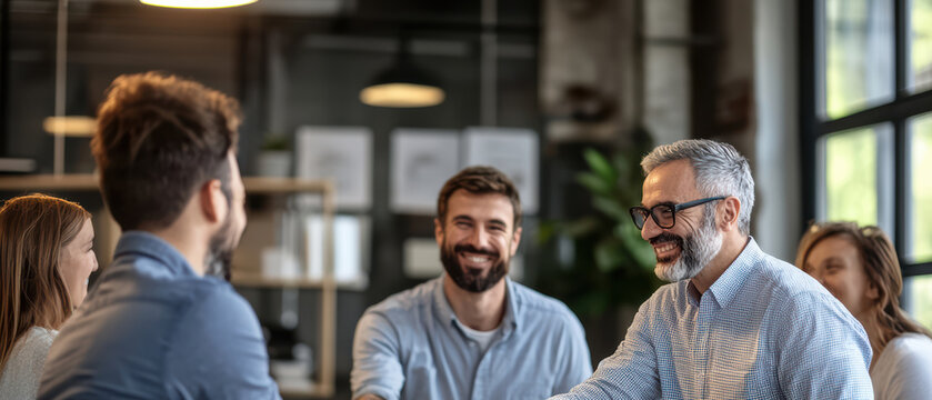 young businesspeople shake hands warmly, sealing a successful business deal during a networking event. The atmosphere is professional.
