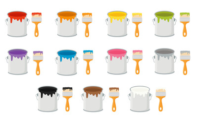 Set of colorful paint cans and paint brushes. Vector illustration.