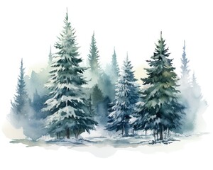 Obraz premium Winter watercolor illustration with fir trees on white background