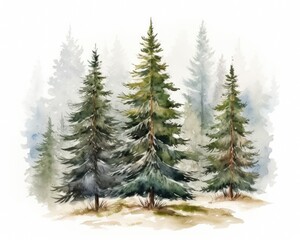 Obraz premium Winter watercolor illustration with fir trees on white background