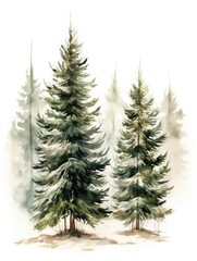 Winter watercolor illustration with fir trees on white background