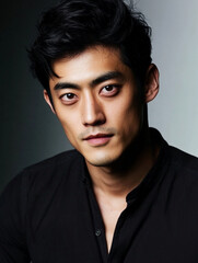 Obraz premium A young, 25-year-old Asian man with short dark hair and a serious expression, against a plain dark background
