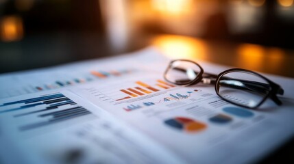 A business report spread open on a desk displays colorful charts and diagrams detailing successful CRM strategies. Eyeglasses and a pen add to the professional atmosphere