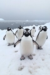 Obraz premium A group of penguins standing in the snow. Concept of unity and togetherness among the penguins as they stand side by side