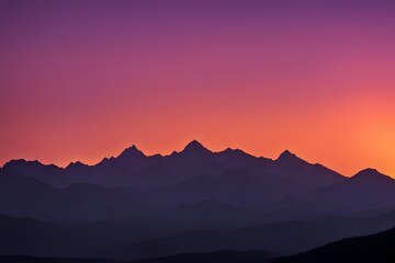 Obraz premium Silhouette of mountain ranges against a bright orange and purple sunset glow, Ai Generated
