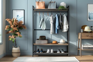 Modern dark gray metal freestanding rack with multiple shelves for shoes and accessories, featuring a light blue background and decorative items.