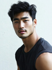 Fototapeta premium A young, 25-year-old Asian man with short dark hair and a serious expression, against a plain dark background