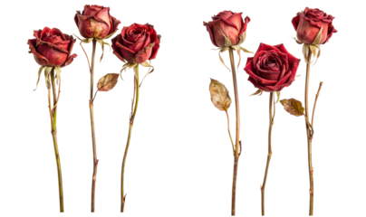 Set of Dried Red Rose Flowers Cut Out and Isolated Botanical Art