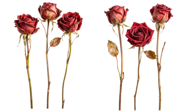 Set of Dried Red Rose Flowers Cut Out and Isolated Botanical Art