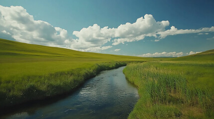 Obraz premium Tranquil river winding through an open meadow under a bright blue sky dotted