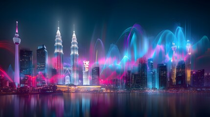 Kuala Lumpur Skyline at Night with Neon Lights and Abstract Patterns