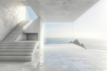 Bright white interior of an empty room featuring light concrete walls, stairs on the left, and a large window revealing a stunning ocean view.