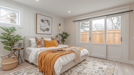Fototapeta premium Serene Bedroom with Modern Decor and Natural Light