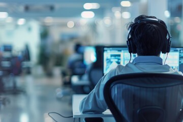 blur employee work as call centre talking with customer at operation monitor room concept.