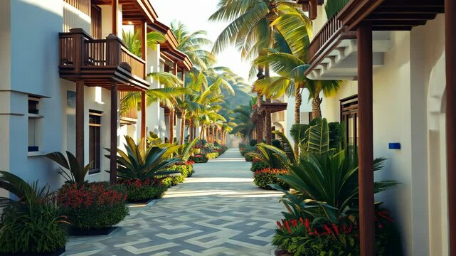 A view down a palm tree lined walkway at a tropical resort