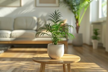 Plant pot on center wooden table and comfy seat in living room