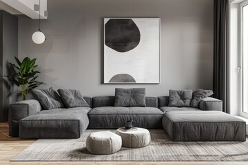 Scandi living room interior with grey  big sofa in the center and modern picture on the wall