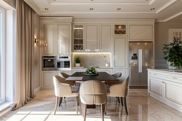 Light  spacious kitchen with built in appliances and square dining table.