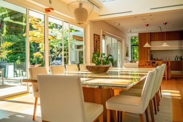 Fototapeta premium Uncluttered light bright contemporary dining room table with glass doors background