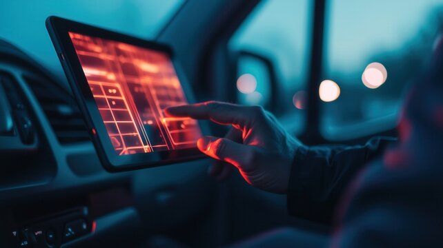 A close-up of a person's hand using a tablet displaying a bright interface, set in a modern car interior with ambient lighting, showcasing the integration of technology in everyday