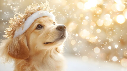 Golden Retriever in a Winter Wonderland: A heartwarming portrait of a golden retriever dog wearing a festive crown, set against a backdrop of sparkling winter snow and a soft, golden glow.