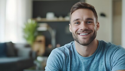 Obraz premium Portrait of a Smiling Man with Blue Eyes in a Blue T-shirt