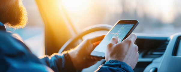 A person using a smartphone while driving, focusing on navigation. The interior of the car is illuminated by sunlight, showcasing a casual and modern lifestyle.