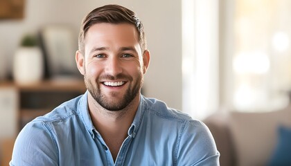 Obraz premium Portrait of a Smiling Man with Short Brown Hair and a Blue Button-Up Shirt