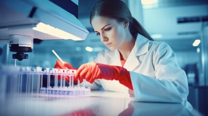 A dedicated scientist intensely focuses on her work, carefully handling lab samples with precision and expertise.