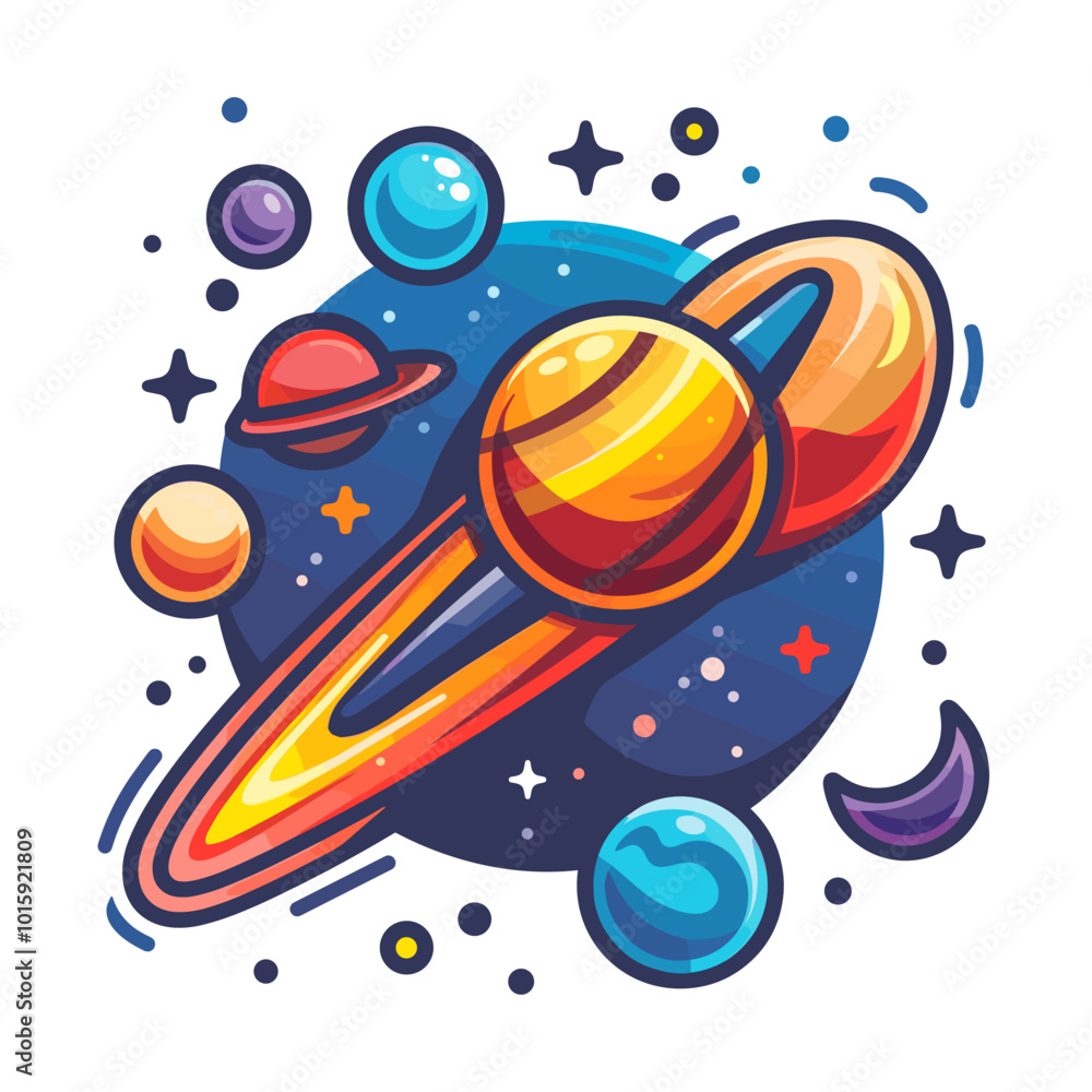 Poster a colorful drawing of a planet with a yellow ring around it. the planet is surrounded by many other 