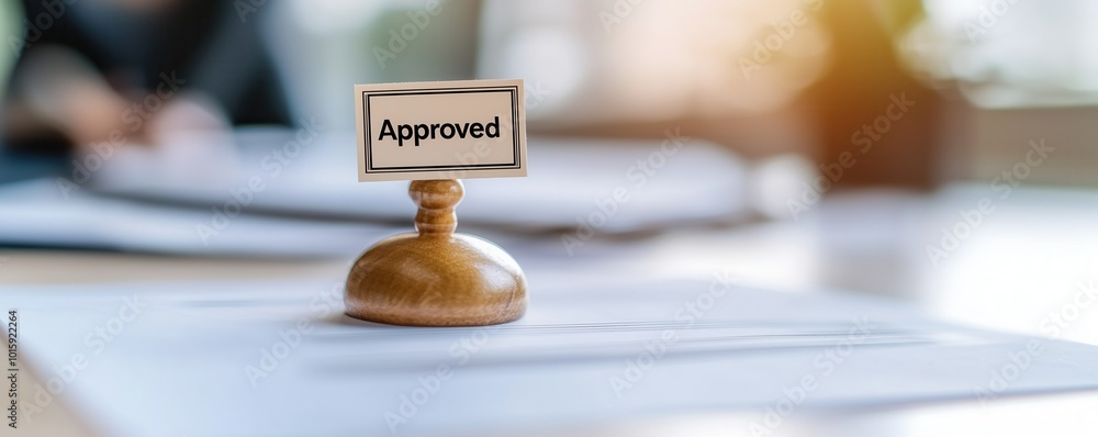 Poster a wooden stamp with the word 'approved' placed on documents, symbolizing success, acceptance, and va