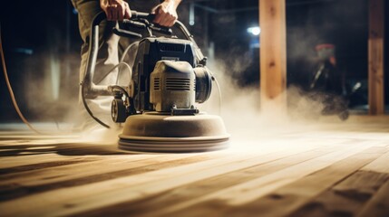A powerful floor sanding machine works intensively on a wooden floor, enveloped in dust, showcasing industrial skill and precision.