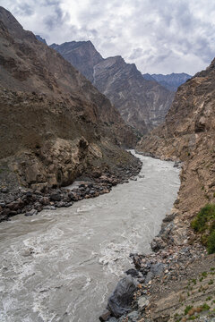 Vertical landscape view of Indus valley and river along the Karakoram Highway, Skardu, Gilgit-Baltistan, Pakistan