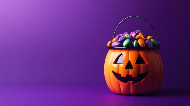 Halloween pumpkin candy bucket on purple background