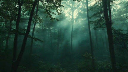 Obraz premium Enchanted Forest Mystical Trees, Sunbeams, Foggy Green Woods