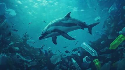 Fototapeta premium Marine Life Among Ocean Pollution and Debris