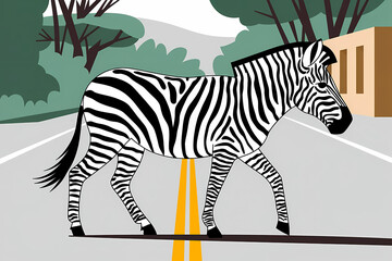 An Illustration of a zebra crossing the road. The zebra has black and white stripes and is walking on a road with a
yellow line down the middle. The background contains trees and a building.