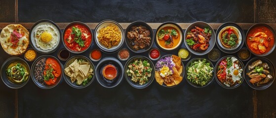 Celebrate World Food Day with a striking real picture showcasing a variety of delicious and colorful dishes from around the world, emphasizing the rich diversity and importance of global food cultures