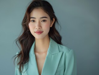 Fototapeta premium a light plastel green suit, an Asian businesswoman stands confidently in a soft and solid pastel plain background, her calm demeanor perfect for professional environments.