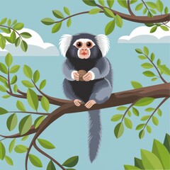 Illustration of marmoset monkey sitting on tree branch
