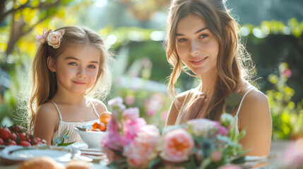 Mother and Daughter Setting Up a Mother’s Day Brunch Table Outdoors	