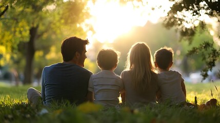Family Silhouette Watching the Sunset in a Park