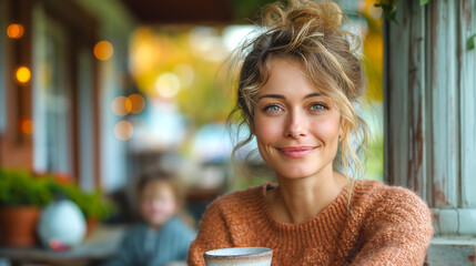 Mother Enjoying a Coffee on the Porch with Her Children Playing in the Background	
