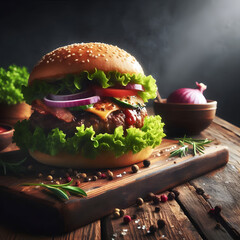 Gourmet Cheeseburger with Fresh Lettuce and Onion