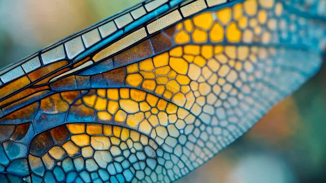 A close-up of a dragonfly wing shows intricate veins and a vibrant blue and yellow pattern