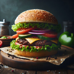 Juicy Cheeseburger with Fresh Vegetables and Spices