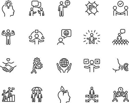 Vector set of soft skills line icons. Contains icons sociability, empathy, confidence, decision making, leadership, perseverance, creativity, adaptability, punctuality and more. Pixel perfect.