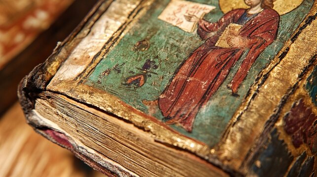 Close-up of an Ancient Illuminated Manuscript with Religious Imagery
